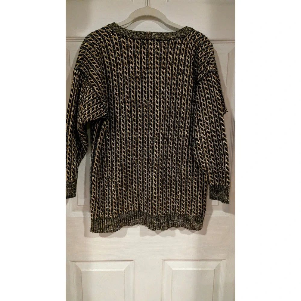 Vintage 90s Jeanne Pierre Cardigan M Black Gold Metallic Cable Knit Vintage Glam